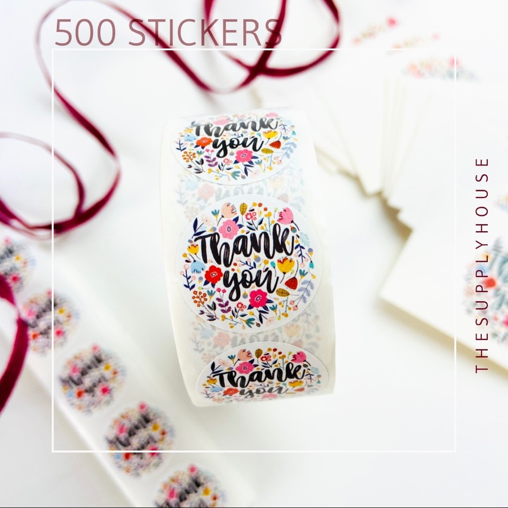 500 Thank You Stickers. Rainbow Wildflower. Envelope seals bulk. 1 Roll